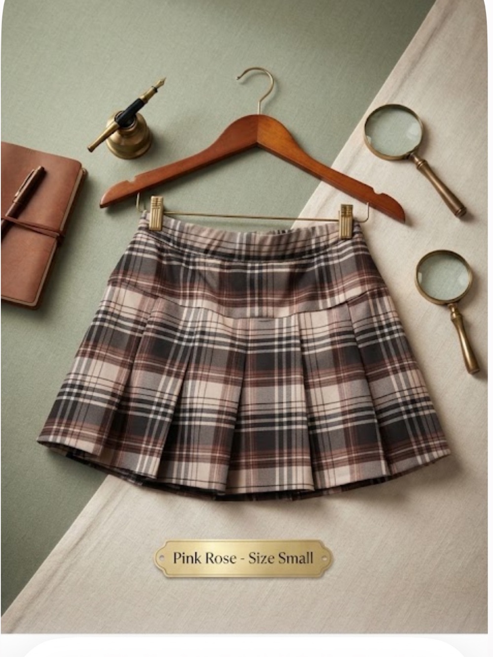 NWOT Pink Rose Brown Plaid Pleated Mini Skirt S Dark AcademiaDowntown Girl